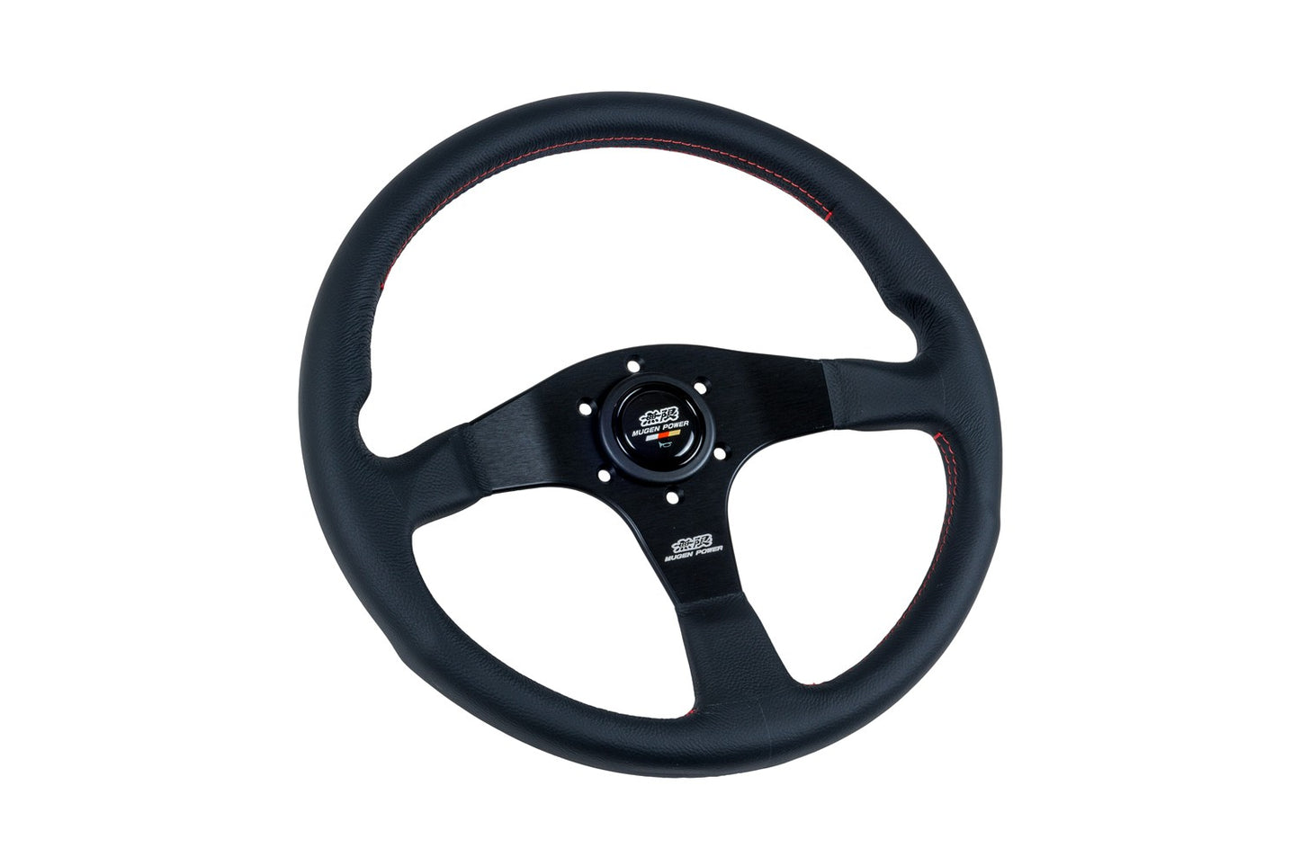MUGEN RACING III, 350MM STEERING WHEEL - BLACK SMOOTH LEATHER RED STITCHING