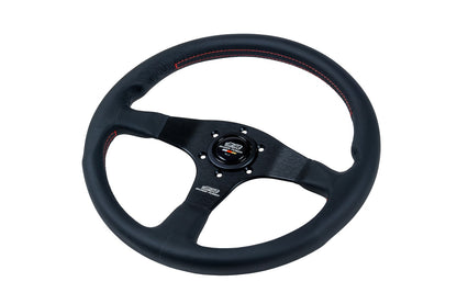 MUGEN RACING III, 350MM STEERING WHEEL - BLACK SMOOTH LEATHER RED STITCHING